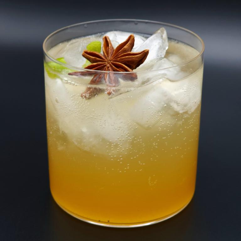 rocks glass filled with ice and amber liquid, garnished with a lime peel and star anise